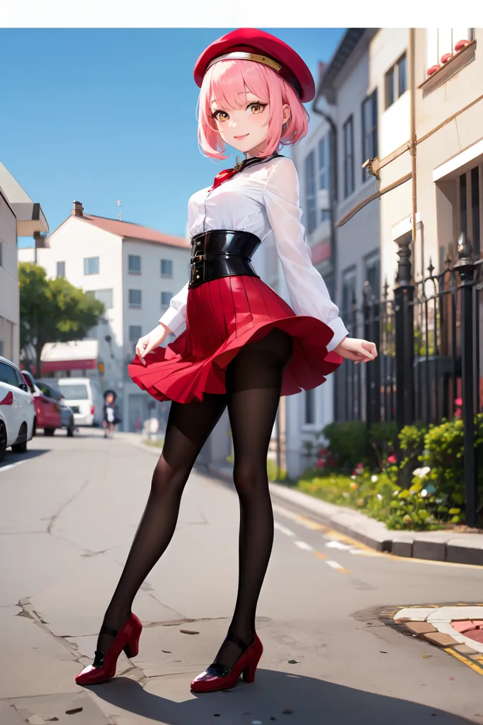 The image shows a young woman with pink hair and red eyes. She is wearing a white blouse, a red beret, and a red skirt. She is also wearing black stockings and red shoes. She is standing on a city street, and there are buildings and cars in the background.