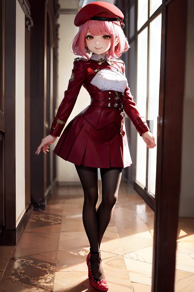 The image shows a young woman standing in a hallway. She has pink hair and is wearing a red beret, a red military-style jacket, a white blouse, a pleated skirt, black stockings, and red shoes. She is looking at the viewer with a slight smile on her face. The background is blurry, but it looks like there is a door to her left and a window to her right.