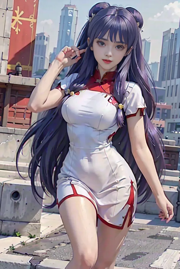 The image is of a young woman standing on a rooftop in a qipao. She has long purple hair and purple eyes. She is smiling and has her hand on her hip. There are buildings in the background.