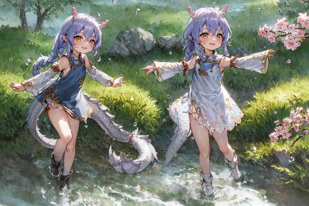 The image shows two identical anime-style girls with long white and purple hair. They are both wearing white and blue dresses and have dragon tails. They are standing in a river and are surrounded by green grass and pink flowers. The girls are both smiling and have their arms outstretched.