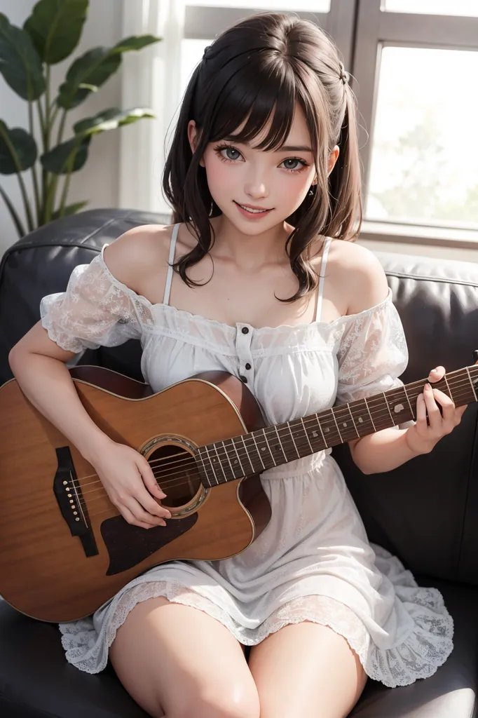 The image shows a young woman with long brown hair and blue eyes. She is sitting on a couch and playing an acoustic guitar. She is wearing a white dress with a lace overlay. The woman has a sweet smile on her face and is looking at the camera.