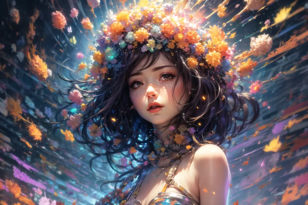 Esta es una imagen de una hermosa mujer joven con cabello largo y ondulado y una corona de flores en la cabeza. Ella está de pie frente a un fondo azul oscuro con una luz brillante que brilla sobre ella. La luz está proyectando sombras sobre su rostro y cuerpo, y también está haciendo que las flores de su corona brillen. Los ojos de la mujer están cerrados y tiene una expresión serena en su rostro. Ella está usando un vestido blanco que cae de los hombros. El vestido está decorado con adornos dorados y tiene una falda larga y fluida. Los pies de la mujer están descalzos.