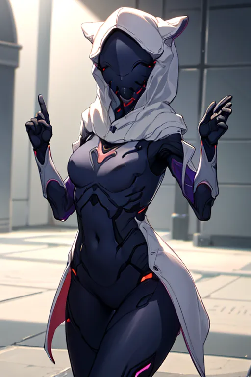 The image is of a female character with cat ears and a futuristic outfit. She is wearing a white and black bodysuit with a hood and a white cape. The bodysuit has a V-shaped opening at the chest and a belt at the waist. She is also wearing black boots and gloves. The character is standing in a confident pose with her hands up in the air. She has a playful expression on her face and seems to be enjoying herself. The background is a blurred cityscape with a few buildings and structures visible.