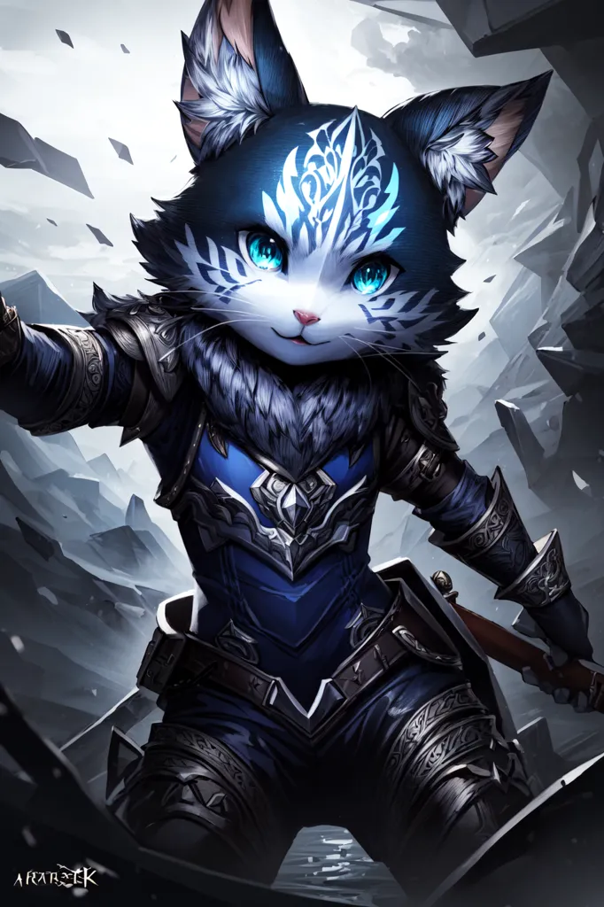 This is an image of a cat wearing armor. The cat is standing on a pile of rocks. It has blue eyes and white fur. The armor is blue and gray. The cat is holding a sword in its right hand. There are rocks and mountains in the background.