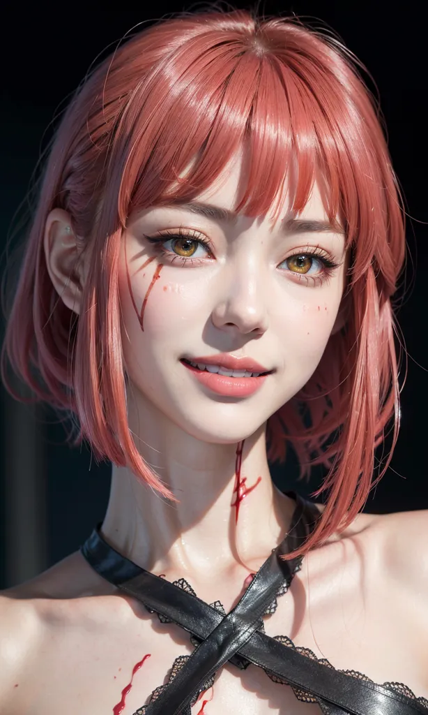 The image is a portrait of a young woman with short pink hair and brown eyes. She is wearing a black choker and a black lace dress. Her skin is pale and flawless. There are some bloodstains on her face and neck. She has a small smile on her face. The background is dark.