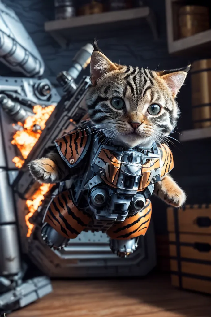 The image shows a cat wearing a robotic suit of armor. The cat is in mid-air, and its fur is bristling. The background is a blur of brown and gray. The cat's eyes are wide and green, and its mouth is slightly open. The suit of armor is made of metal and has orange stripes. The cat is also wearing a helmet with a visor.