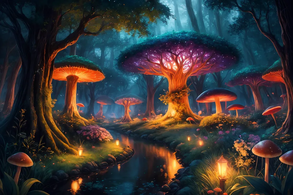 The image is a beautiful depiction of a magical forest. The trees are tall and majestic, and their branches are covered in lush green leaves. The ground is covered in a thick carpet of moss, and there are flowers of all different colors blooming everywhere. There is a river running through the forest, and it is lit by a number of glowing mushrooms. In the distance, there is a large tree that is even taller than the others. It is covered in glowing purple leaves, and it is the source of the light in the forest.  There are also mushrooms that are shaped like houses.