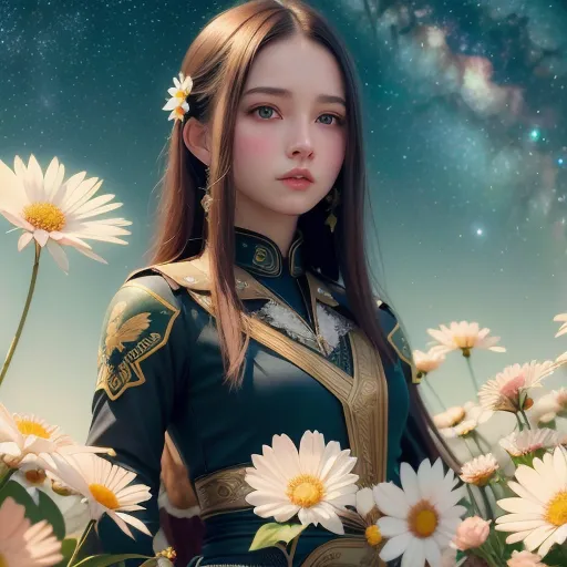 The image is a portrait of a beautiful young woman with long brown hair and blue eyes. She is wearing a green dress with gold trim and has a flower in her hair. She is standing in a field of flowers and is looking at the camera with a serene expression. The background is a starry night sky.