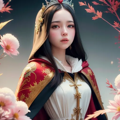 This is an image of a beautiful young woman with long black hair and brown eyes. She is wearing a red and white dress with a white cape. The dress has gold trim and the cape has a fur lining. She is also wearing a gold crown. She is standing in front of a background of pink flowers.