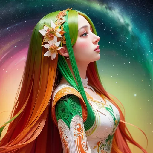 The image shows a beautiful woman with long, flowing hair that is a gradient of green and orange. She is wearing a white dress with green and orange details. There are flowers in her hair and she is looking to the right of the frame. The background is a starry night sky with a bright, colorful nebula.