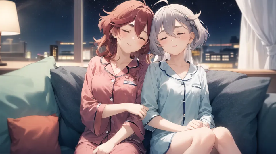 The image is of two anime girls in their pajamas sitting on a couch. The girl on the left has long red hair and is wearing a pink pajama top with matching bottoms. She has a gentle smile on her face and is holding the hand of the girl on the right. The girl on the right has long white hair and is wearing a blue pajama top with matching bottoms. She also has a gentle smile on her face and is leaning her head on the shoulder of the girl on the left. In the background, there is a window with a view of a night sky.