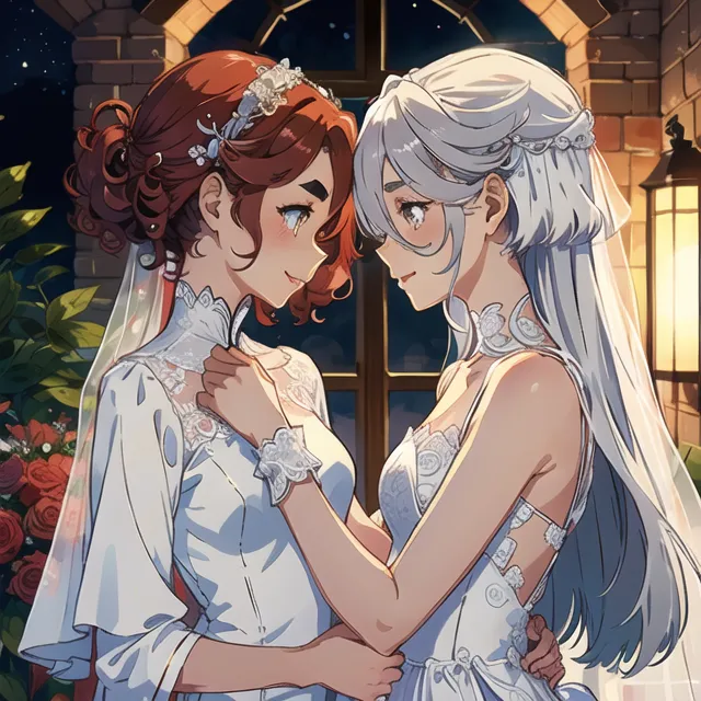 Esta imagem mostra um casamento em estilo anime entre duas mulheres. Ambas estão vestindo vestidos de noiva brancos e estão em pé diante de uma grande janela. A mulher à esquerda tem cabelos castanhos e está usando um vestido branco com decote coração e um longo véu. Ela está sorrindo e com os olhos fechados. A mulher à direita tem cabelos brancos e está usando um vestido branco com decote quadrado. Ela também está sorrindo e com os olhos fechados. Elas estão de mãos dadas e parecem muito felizes.