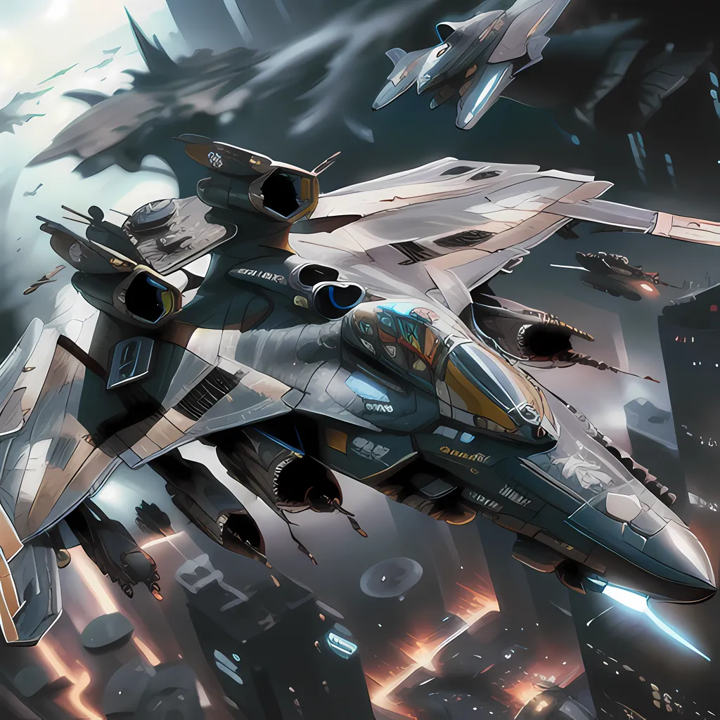 The image shows a space battle. There are three spacecraft in the foreground. The spacecraft in the center is the largest and most detailed. It is a grey and white fighter jet with blue and yellow markings. It has two large engines on the back and a cockpit in the front. The other two spacecraft are smaller and simpler. They are both grey and black and have one engine each. The spacecraft are all flying in the same direction and appear to be in the middle of a battle. There are explosions and debris all around them. In the background, there is a planet. The planet is blue and white and has a large moon.