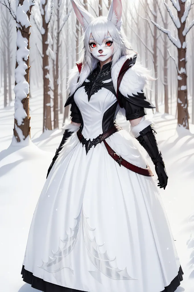 A imagem é de uma bela princesa da neve com longos cabelos brancos e olhos vermelhos. Ela está usando um vestido branco e prata com uma saia longa e fluida e uma capa de pele branca. Ela também está usando luvas e botas prateadas. Ela está em pé em uma floresta nevada, cercada por altas árvores. A neve cai suavemente e o sol brilha intensamente, criando uma bela cena de inverno.