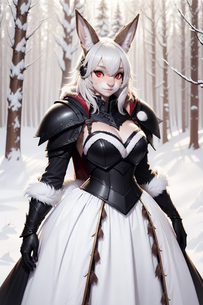 The image is of a beautiful young woman with long white hair and red eyes. She is wearing a white and black dress with a corset and a long skirt. She is also wearing a pair of black boots and a pair of gloves. She has a pair of rabbit ears and a tail. She is standing in a snowy forest, and there are trees all around her.