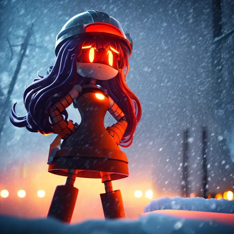 The image shows a robot girl standing in a snowy landscape. She is wearing a red dress and a hard hat. The girl has long purple hair and red eyes. She is looking at the viewer with a sad expression. The background of the image is a dark, snowy forest. There are several lights in the distance.