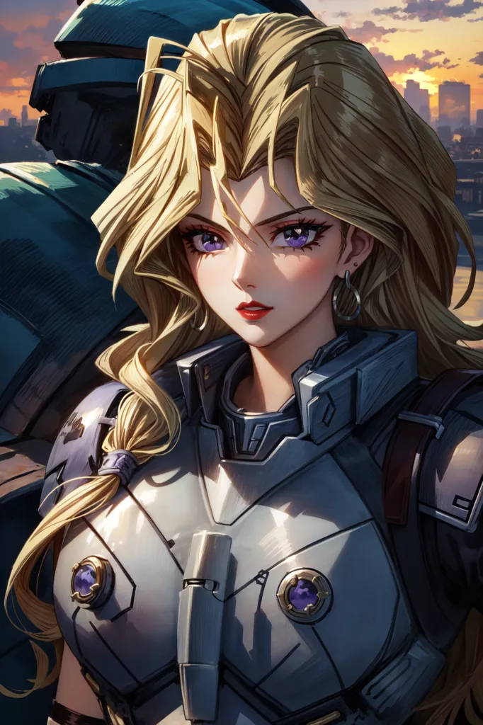 This is an image of a beautiful young woman with long blonde hair and purple eyes. She is wearing a futuristic armor with purple gems on her chest. She has a serious expression on her face and is looking at the viewer. There is a robot behind her. The background is a cityscape with a river running through it. The sky is orange and there are clouds in the sky.