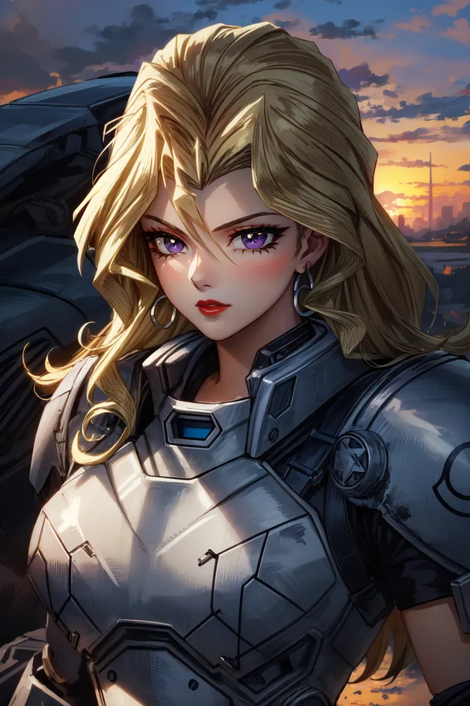 The image is a portrait of a young woman with long blonde hair and purple eyes. She is wearing a futuristic armor with a white and gray color scheme. The armor has a large collar and shoulder pads, and a blue crystal embedded in the center of the chest plate. The woman's expression is serious and determined. She is standing in front of a dark background with a cityscape in the distance.