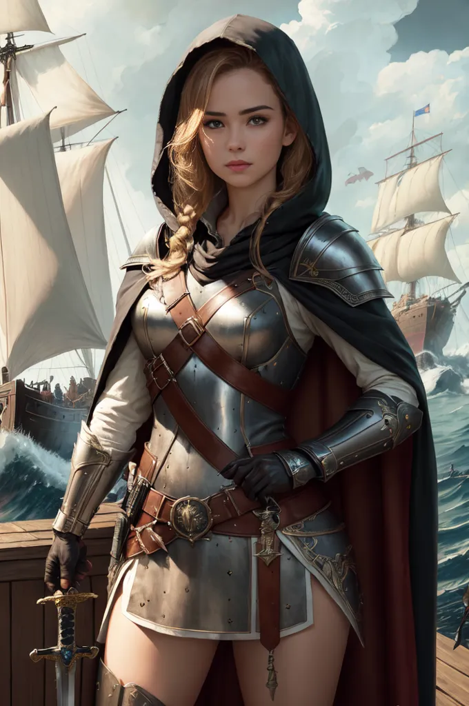 Cette image montre une femme portant une cape grise avec une capuche. La cape est bordée de cuir marron. Elle porte également une cuirasse argentée et une ceinture marron avec une boucle argentée. Elle a une épée dans la main droite et un poignard dans la main gauche. Elle se tient debout sur un navire, et il y a d'autres navires en arrière-plan.