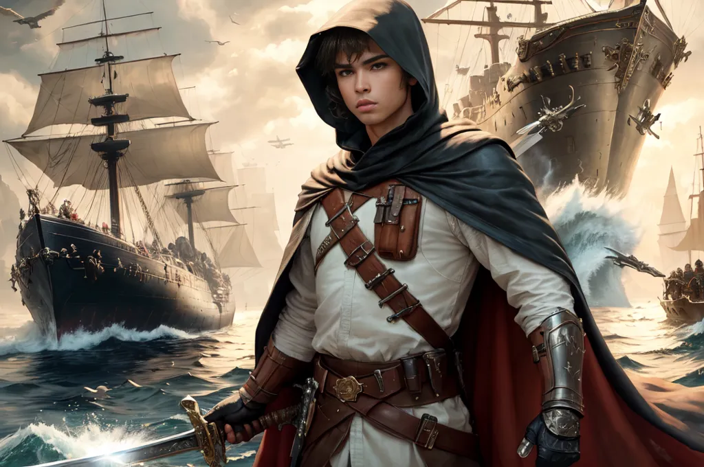 This is an image of a young man standing on the deck of a ship. He is wearing a white shirt, brown pants, and a black cape. He has a sword in his right hand and a dagger in his left hand. There are two ships in the background. The man is looking at the viewer with a determined expression.