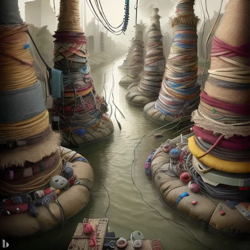 The image shows a flooded city. The water is murky and brown. There are several large, cone-shaped structures in the water. These structures are made of a variety of materials, including wood, metal, and fabric. They are all decorated with different objects, such as toys, clothes, and furniture. There are also several smaller, boat-like structures in the water. These structures are also made of a variety of materials, and they are all decorated with different objects. The image is post-apocalyptic and surreal.