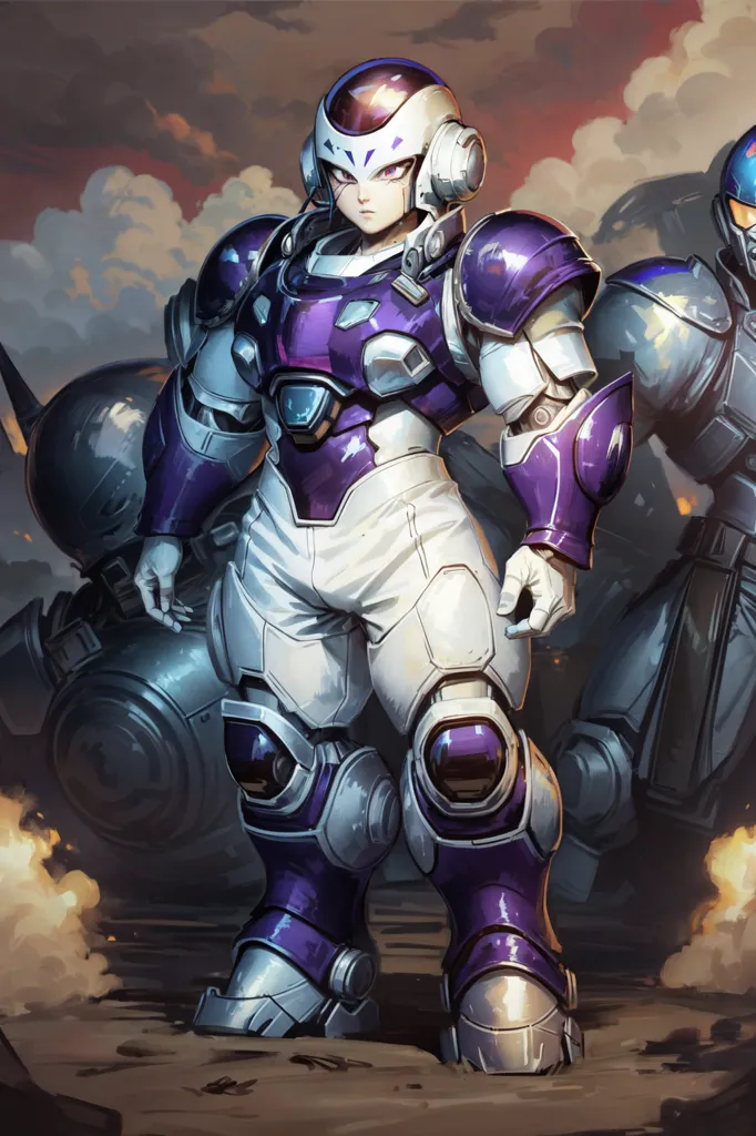 The image shows a character from the anime series Dragon Ball. The character is Frieza, a powerful alien warlord. He is wearing a purple and white battle suit and has a helmet on his head. He is standing in a rocky field, with a large spaceship in the background. Frieza is surrounded by smoke and fire, and he has a determined look on his face.