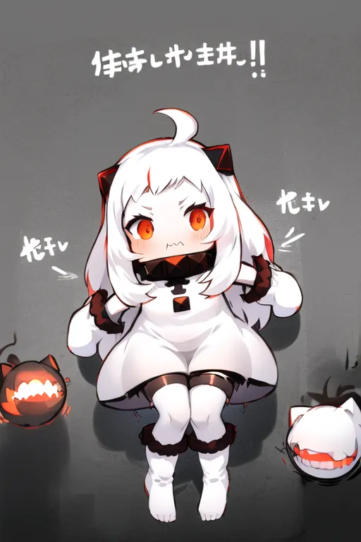 L'image représente une fille d'anime chibi aux cheveux blancs et aux yeux rouges. Elle porte une robe blanche avec un col noir et des bottes noires. Elle est assise par terre, les mains sur les genoux, les yeux grands ouverts. Elle est entourée de deux créatures. Celle de gauche est une petite créature noire aux yeux rouges et à la bouche pleine de dents acérées. Celle de droite est une créature blanche plus grande, aux yeux rouges et à la bouche pleine de dents acérées. La fille regarde le spectateur avec une expression surprise sur le visage. L'image est dessinée dans un style chibi, caractérisé par son apparence simplifiée et caricaturale.