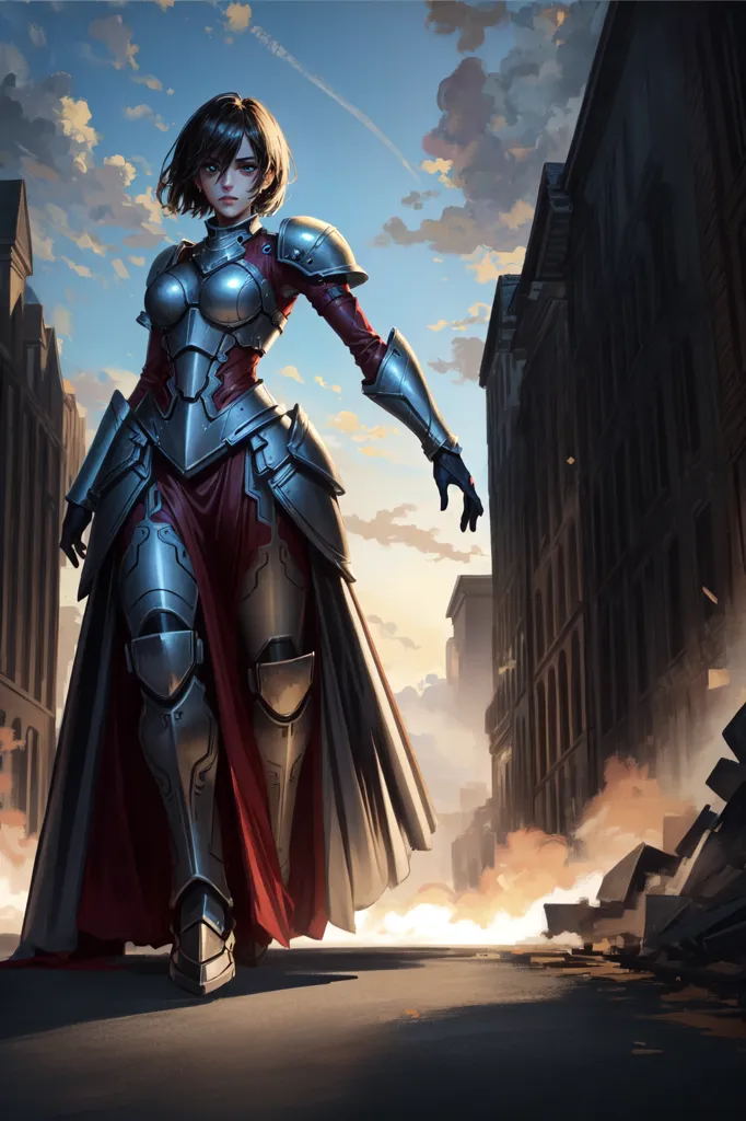 This is an image of a woman in armor. She is wearing a red and silver breastplate, with matching shoulder pads and leg guards. She also has a long red cape. The woman is standing in a city, with tall buildings on either side of her. The sky is cloudy and there is a hint of smoke in the air.