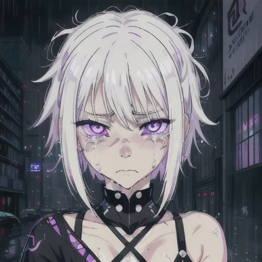 The image is a portrait of a young woman with short white hair and purple eyes. She is crying and her tears are streaming down her face. She is wearing a black choker and a black dress with purple straps. The background is a dark city street with a purple glow.