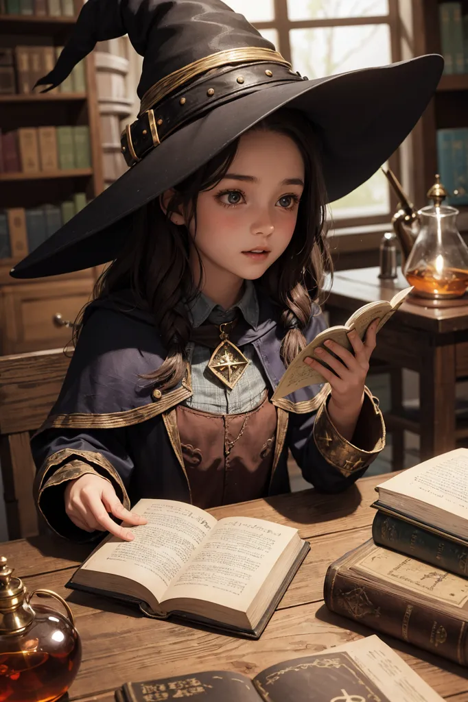 La imagen es de una niña joven sentada en una mesa de madera leyendo un libro. Lleva un chaleco marrón, una camisa azul y un sombrero de bruja negro. Hay estanterías de libros en las paredes detrás de ella y una variedad de objetos sobre la mesa, incluyendo una pluma y un tintero, una poción y una campana.