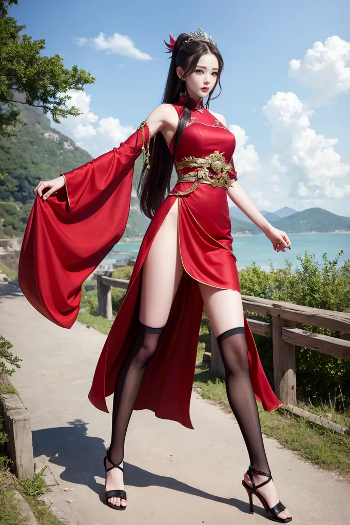 This is an image of a woman in a red dress. The dress has a high slit, showing off her legs. She is also wearing black stockings and black high heels. The woman has long black hair and is wearing a red and gold headpiece. She is standing on a stone path with a wooden railing to her right. There are trees and mountains in the background.