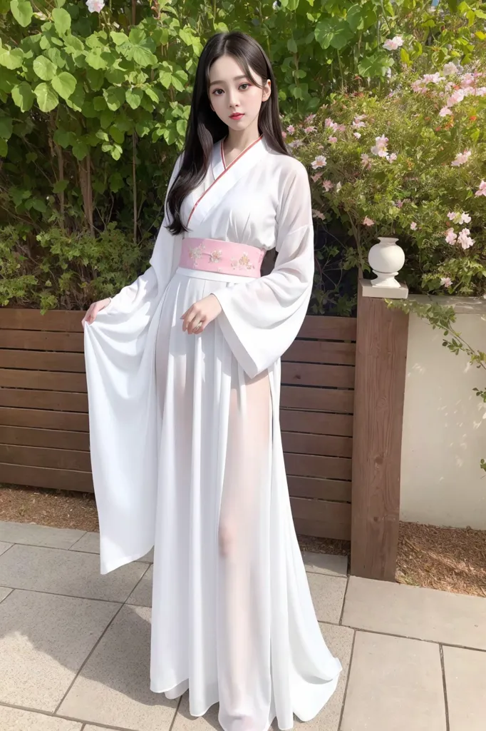 The image shows a young woman wearing a white hanfu, a traditional Chinese dress. The hanfu is made of a light, flowing fabric and has a long, wide skirt. The woman is wearing a pink sash around her waist and has her long, black hair left open. She is standing in a garden, surrounded by pink and white flowers.