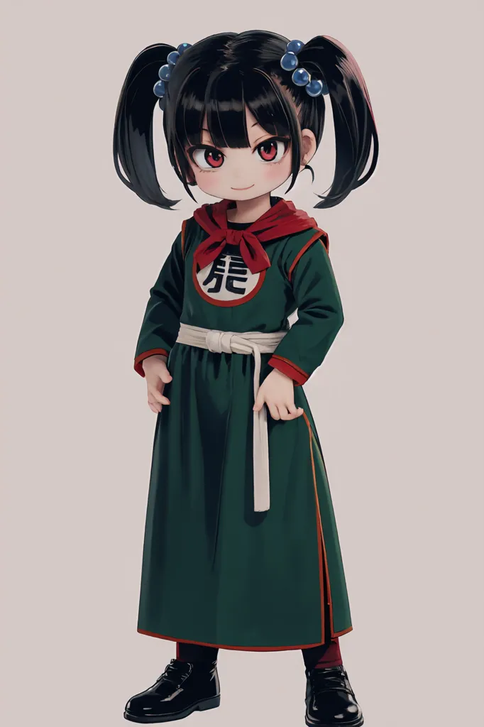 The image is of a young girl with long black hair and red eyes. She is wearing a green dress with a white belt and black shoes. The dress has a red symbol on the front. The girl is standing with her hands on her hips and has a confident expression on her face.