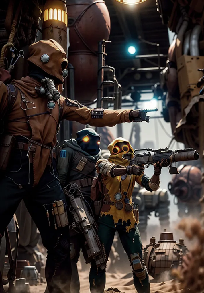 The image shows a group of steampunk warriors in a post-apocalyptic setting. They are wearing tattered cloaks and gas masks, and are armed with an assortment of weapons. The background is a dark and dirty cityscape.