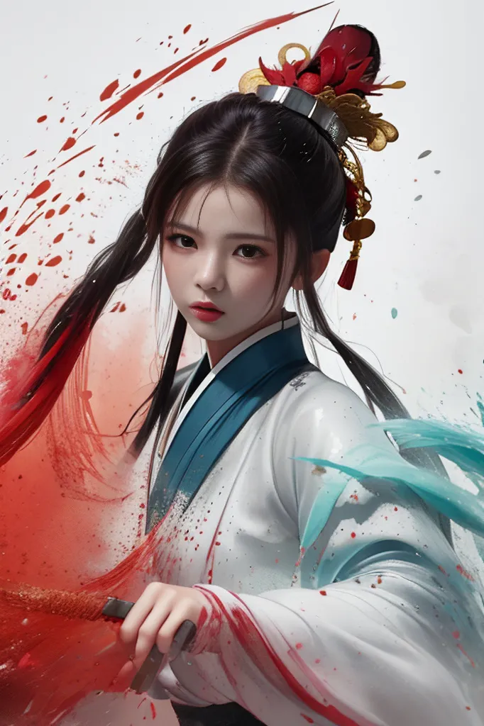 The image is a painting of a young woman in a white and blue hanfu dress. She has long black hair and red and blue paint splattered on her face and clothes. She is holding a sword in her right hand. The background is white with red and blue paint splatters.