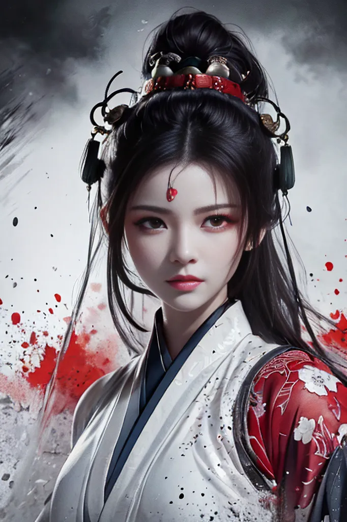 Voici une image d'une belle femme asiatique. Elle a de longs cheveux noirs, des lèvres rouges et un point rouge sur le front. Elle porte un kimono blanc et rouge avec une écharpe blanche et rouge. Elle porte également un collier et des boucles d'oreilles. L'arrière-plan est blanc et il y a quelques éclaboussures rouges et noires sur le côté droit.