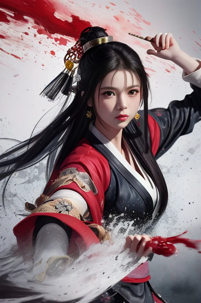 This is an image of a young woman in a red and black outfit. She has long black hair and is wearing a traditional Chinese headdress. She is holding a sword in her right hand and is in a fighting stance. The background is white with splashes of red paint.