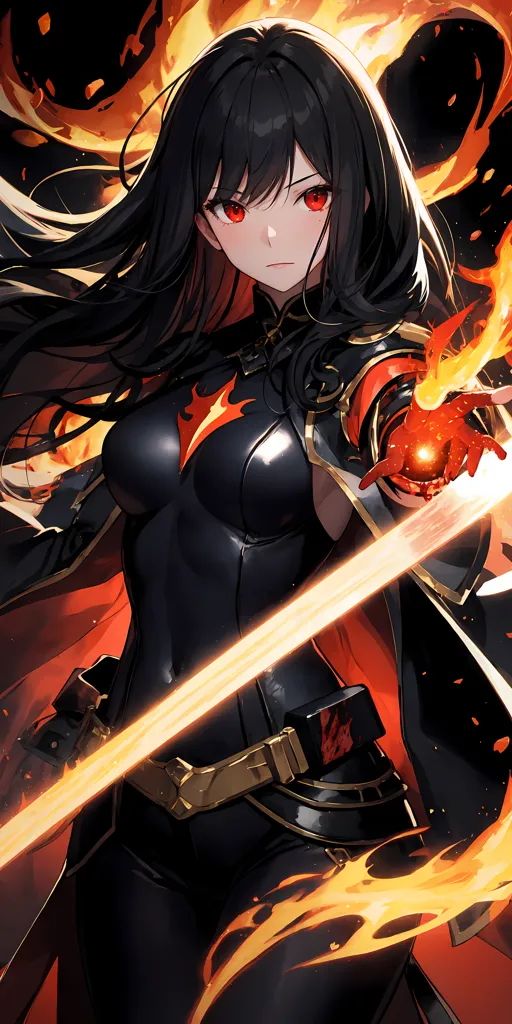 The image is of a woman with long black hair and red eyes. She is wearing a black bodysuit with red accents and a red cape. She is also wearing a belt with a golden buckle. She is standing in a sea of fire. She is holding a sword in her right hand and has her left hand outstretched. The background is a fiery orange color.