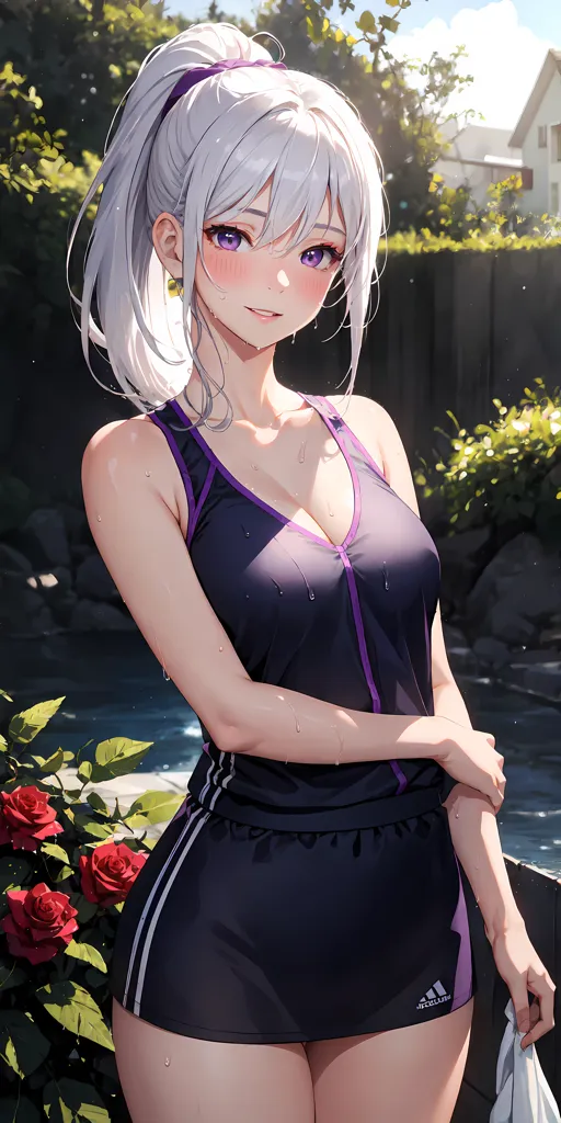 The image shows a young woman standing in a garden. She is wearing a purple and black sports bra and shorts. The woman has long white hair and purple eyes. She is smiling and has a ponytail. There are green plants and red roses in the background.