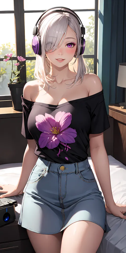 The image depicts a young woman standing in a bedroom. She has silver hair and purple eyes, and she is wearing a black off-the-shoulder shirt with a purple flower design, a denim skirt, and headphones. She has a gentle smile on her face, and she is looking at the viewer. There is a potted plant and a lamp on the dresser behind her.