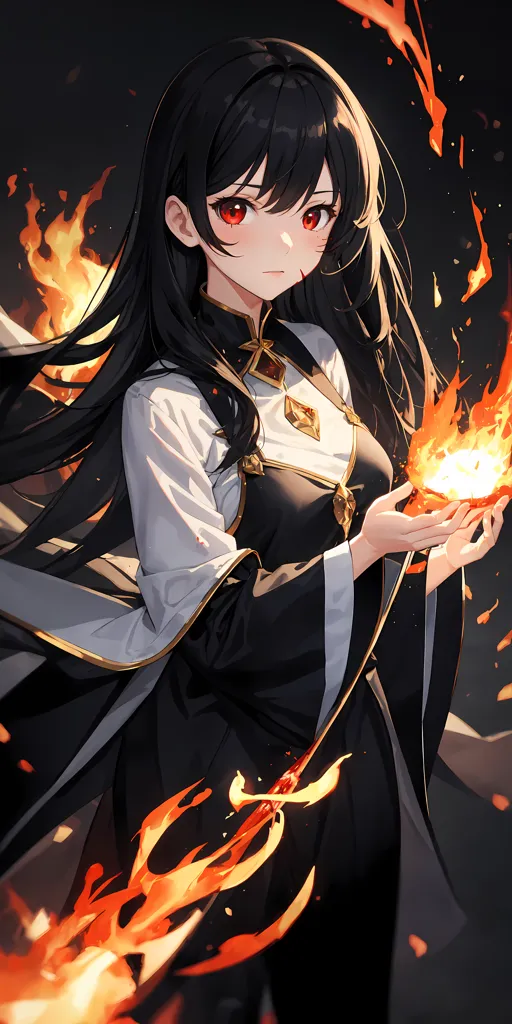 The image is a portrait of a young woman with long black hair and red eyes. She is wearing a white and black dress with a red ribbon in her hair. She is holding a small flame in her hand. The background is dark with some orange flames.