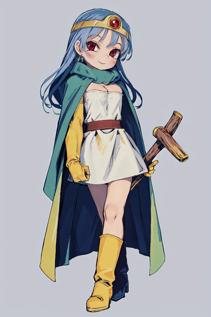 This is an image of a young girl with long blue hair and red eyes. She is wearing a white dress with a green cape and a brown belt. She is also wearing yellow gloves and boots. She is holding a wooden staff in her right hand. The girl is standing on a white background and is looking at the viewer with a smile on her face.