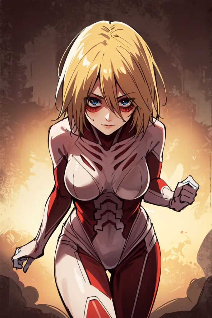 The image shows a young woman with blonde hair and red eyes. She is wearing a white and red bodysuit with a red cape. Her expression is serious and determined. She is standing in a post-apocalyptic city. There are ruins of buildings and smoke in the background.