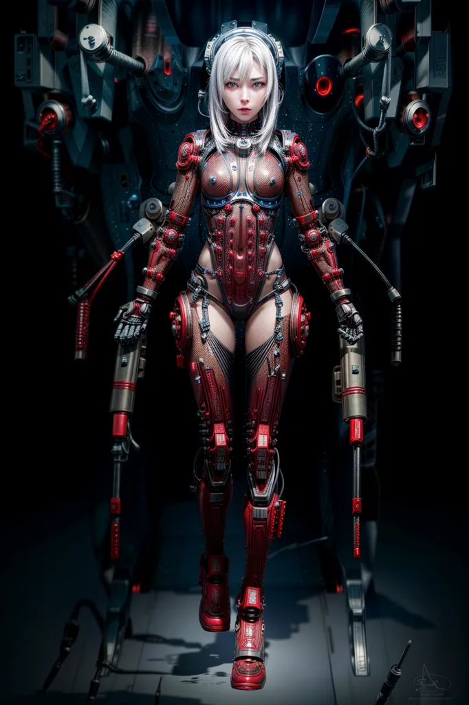 This is an image of a female cyborg. She has white hair, red eyes, and a metallic body. She is wearing a red and black bodysuit and is armed with two guns. She is standing in a dark room with a futuristic background.