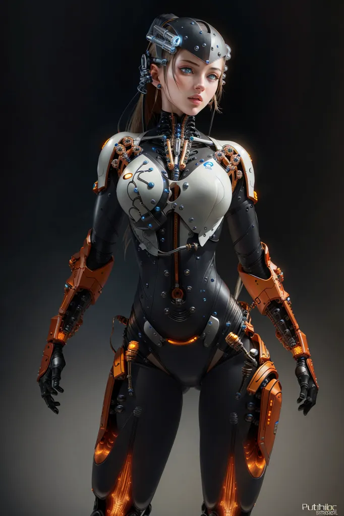 This is an image of a female cyborg. She has long brown hair, blue eyes, and a fair complexion. She is wearing a black and orange bodysuit with a variety of technological gadgets and accessories. Her right arm is made of metal and has a variety of tools and attachments. Her left arm is covered in black gloves. She has a variety of wires and cables coming out of her back and neck. She is standing in a dark room with a spotlight shining down on her.