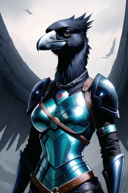 The image is of a female half-bird, half-human creature. She has the head and wings of a raven, but the body of a woman. She is wearing a suit of armor and has a sword in her hand. She is standing in a forest, and there are mountains in the background.