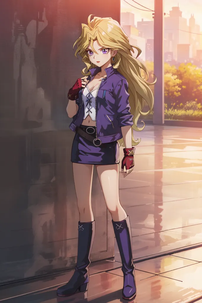 The image is of a young woman, probably in her late teens or early twenties. She has long, wavy blonde hair, purple eyes, and a fair complexion. She is wearing a purple jacket, a white crop top, and a purple miniskirt. She is also wearing black boots and red gloves. She has a confident expression on her face and is standing with one hand on her hip. In the background, there is a city.