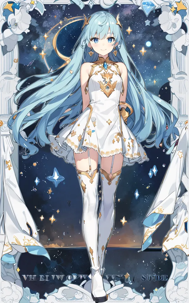 Esta é uma imagem de uma garota em estilo anime com cabelos azuis longos e ondulados. Ela está usando um vestido branco com detalhes em ouro e prata. O vestido tem um decote em forma de coração e uma saia de tule. Ela também está usando meias brancas e botas douradas e prateadas. A garota está em pé diante de um céu estrelado à noite. Há duas luas crescentes grandes atrás dela. Ela tem um sorriso sereno no rosto.