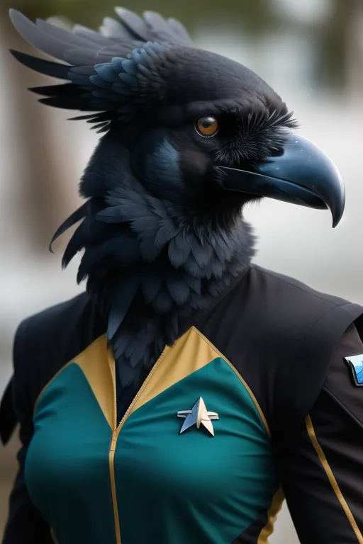 The image is a portrait of a humanoid alien with the head of a bird of prey. The alien is wearing a black and gold uniform with a green undershirt. The uniform has a Starfleet insignia on the chest. The alien has dark feathers and yellow eyes. The image is a realistic digital painting.