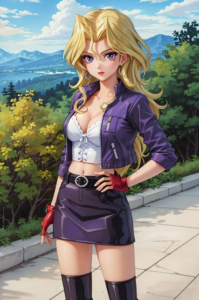 The image shows a young woman with long blonde hair and purple eyes. She is wearing a white crop top, a purple leather jacket, and a purple miniskirt. She is also wearing a belt, a pair of red gloves, and a pair of black boots. She is standing on a stone path with a lake and mountains in the background.